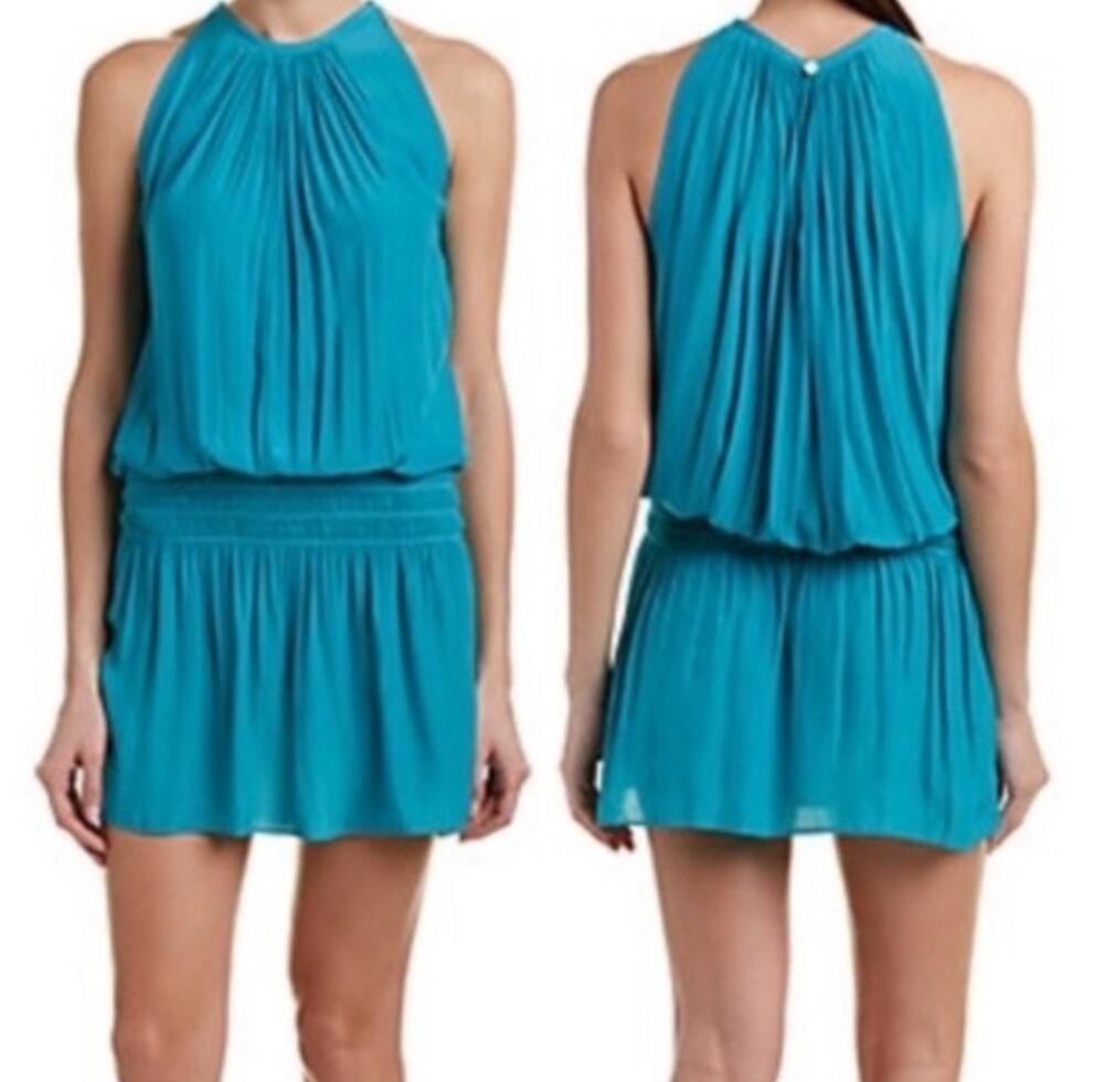 Ramy Brook Paris Mini Dress In Turquoise Blue Size Small Smocked Waist Halter
